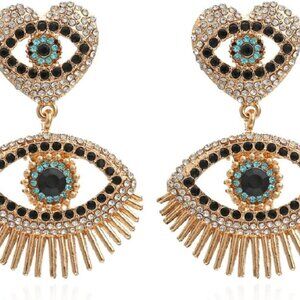 Hypoallergenic Blue Heart Eye Dangle Earrings with Crystal Rhinestones for Women